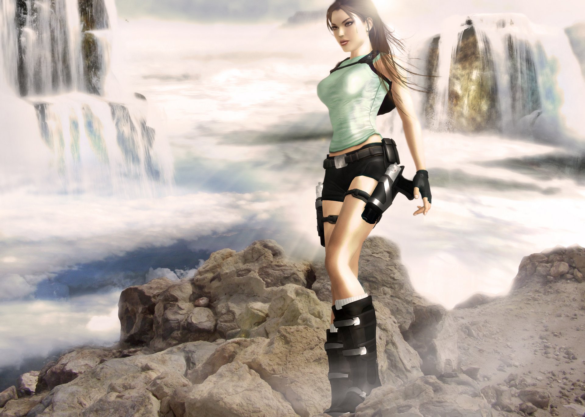 tomb raider lara croft chica armas pistolas pantalones cortos camiseta sin mangas guantes mirada cara agua cascada