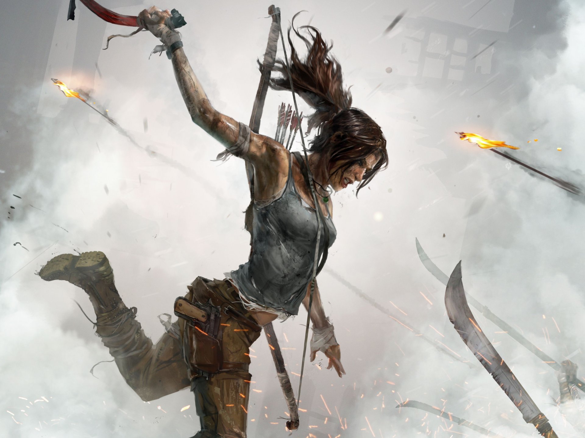 tomb raider edizione completa x-one ps4 lara croft ragazza lotta grido pugno sangue lance lame fumo fuoco armi pistola stivali arco frecce capelli piccozza disegno nixxes software bv crystal dynamics square enix