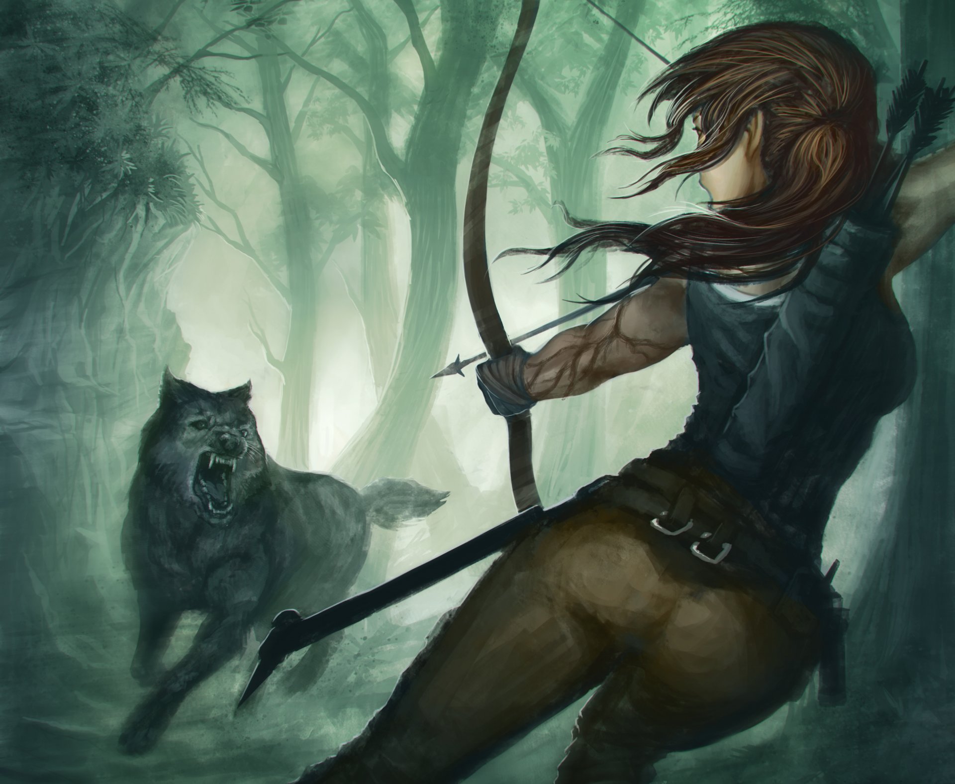 tomb raider lara croft art jeu fille arc prédateur loup gueule