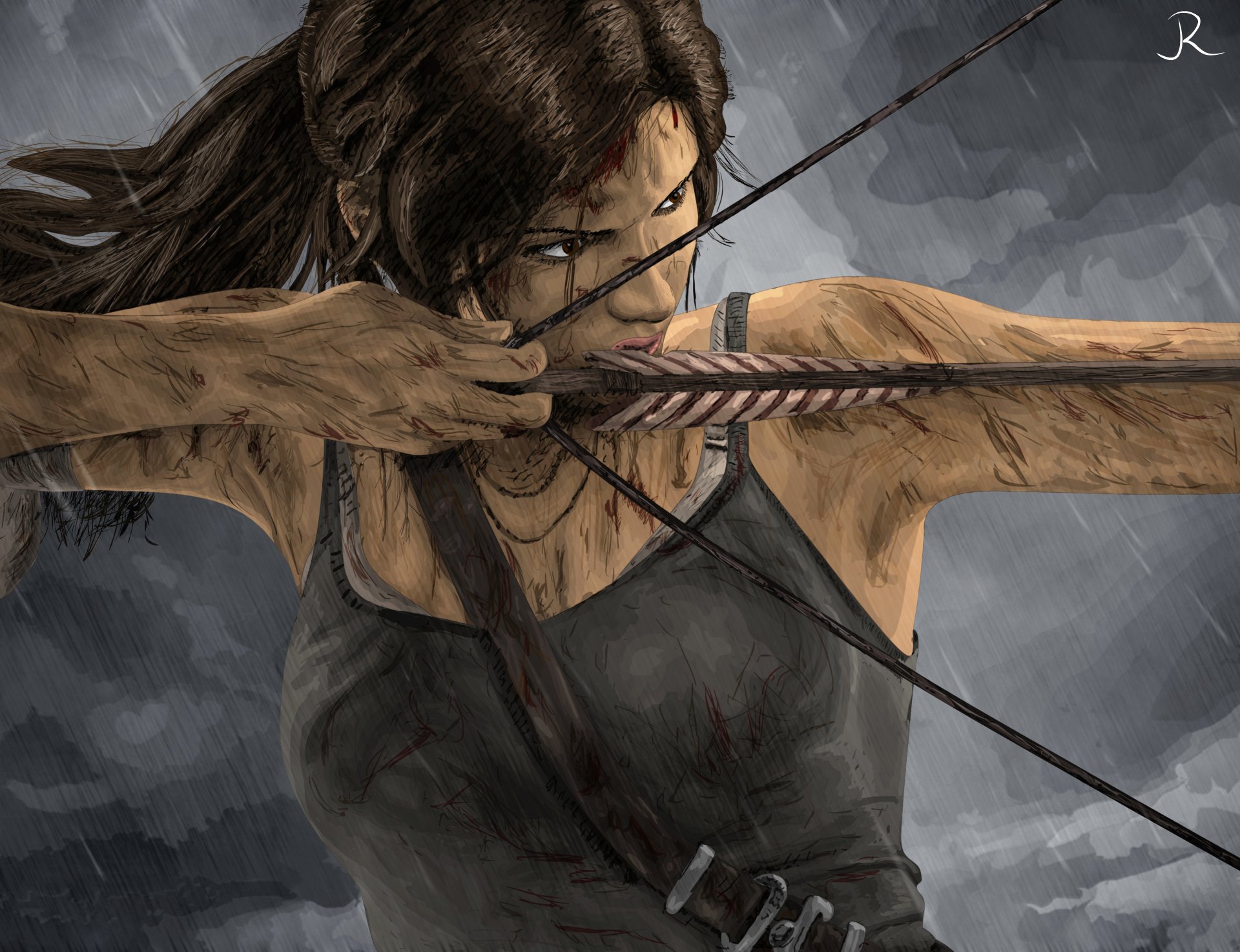 tomb raider lara croft kunst zeichnung t-shirt gesicht schmutz bogen