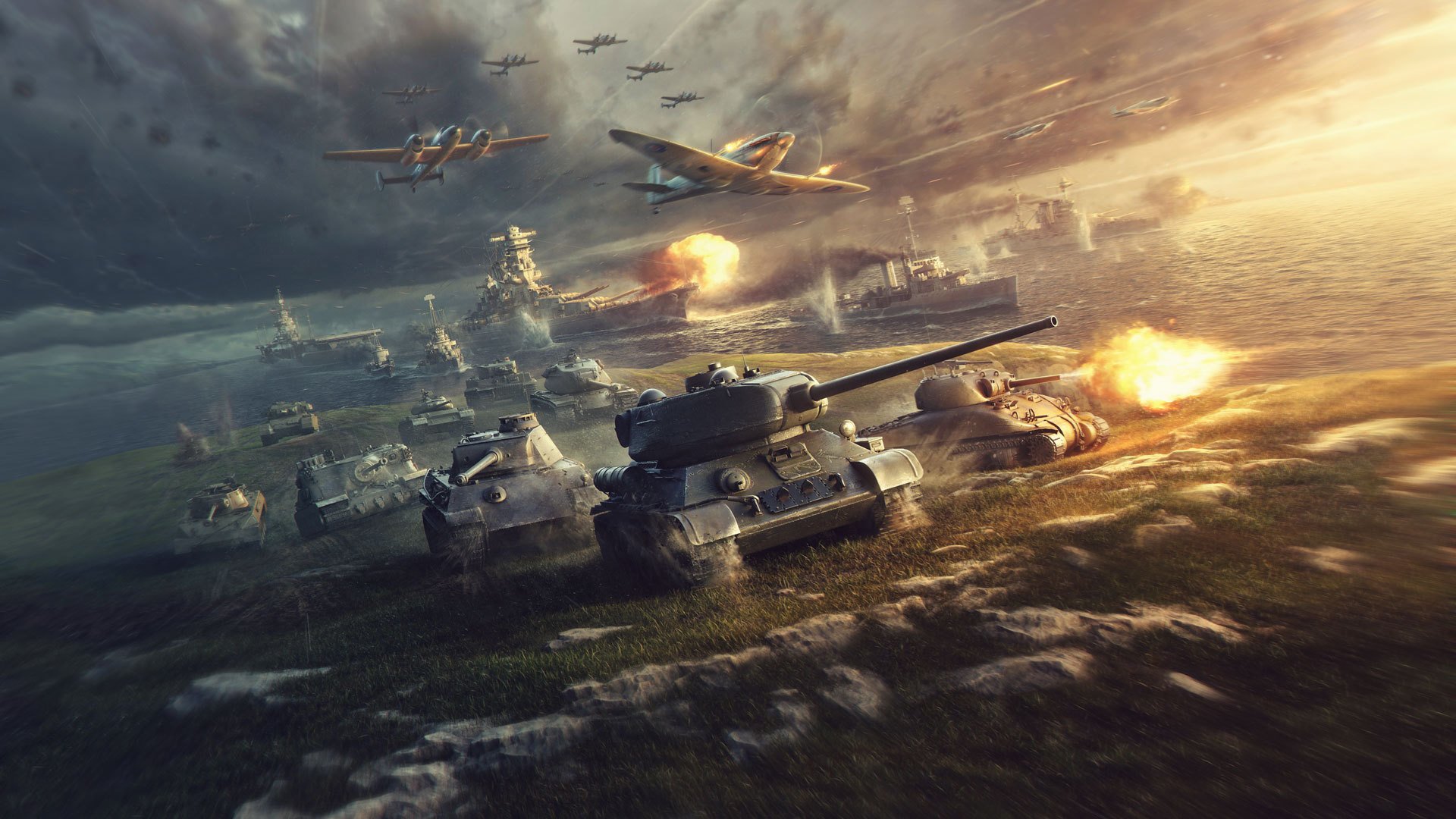 world of tanks world of warplanes world of warships wargaming net frappe world of ships wowp wot wp réservoirs avions navires terre air eau flamme feu tir nuages coucher de soleil ciel fumée poussière