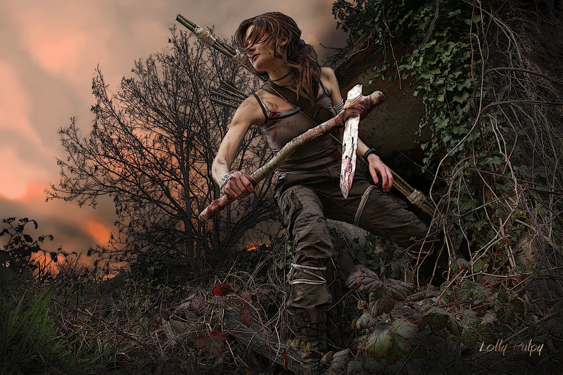 tomb raider lara croft fille art cheveux arme arbres branches feuilles ciel coucher de soleil