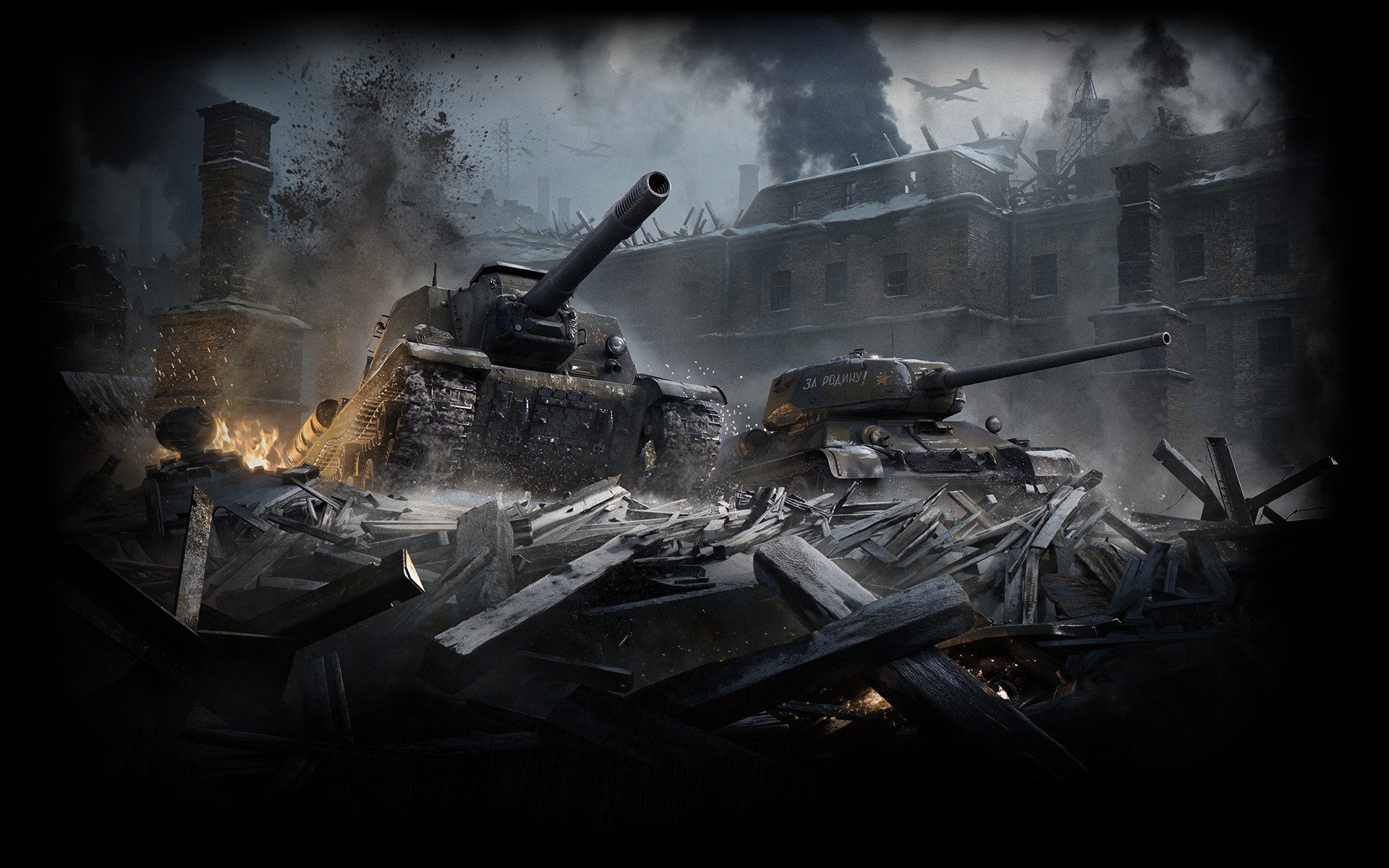 world of tanks wargaming net wot wg t-34-85 mittlerer panzer su-152 panzerabwehr-acs udssr rauch staub gebäude häuser ruinen trümmerteile zäune explosion flugzeug flamme himmel wolken funken