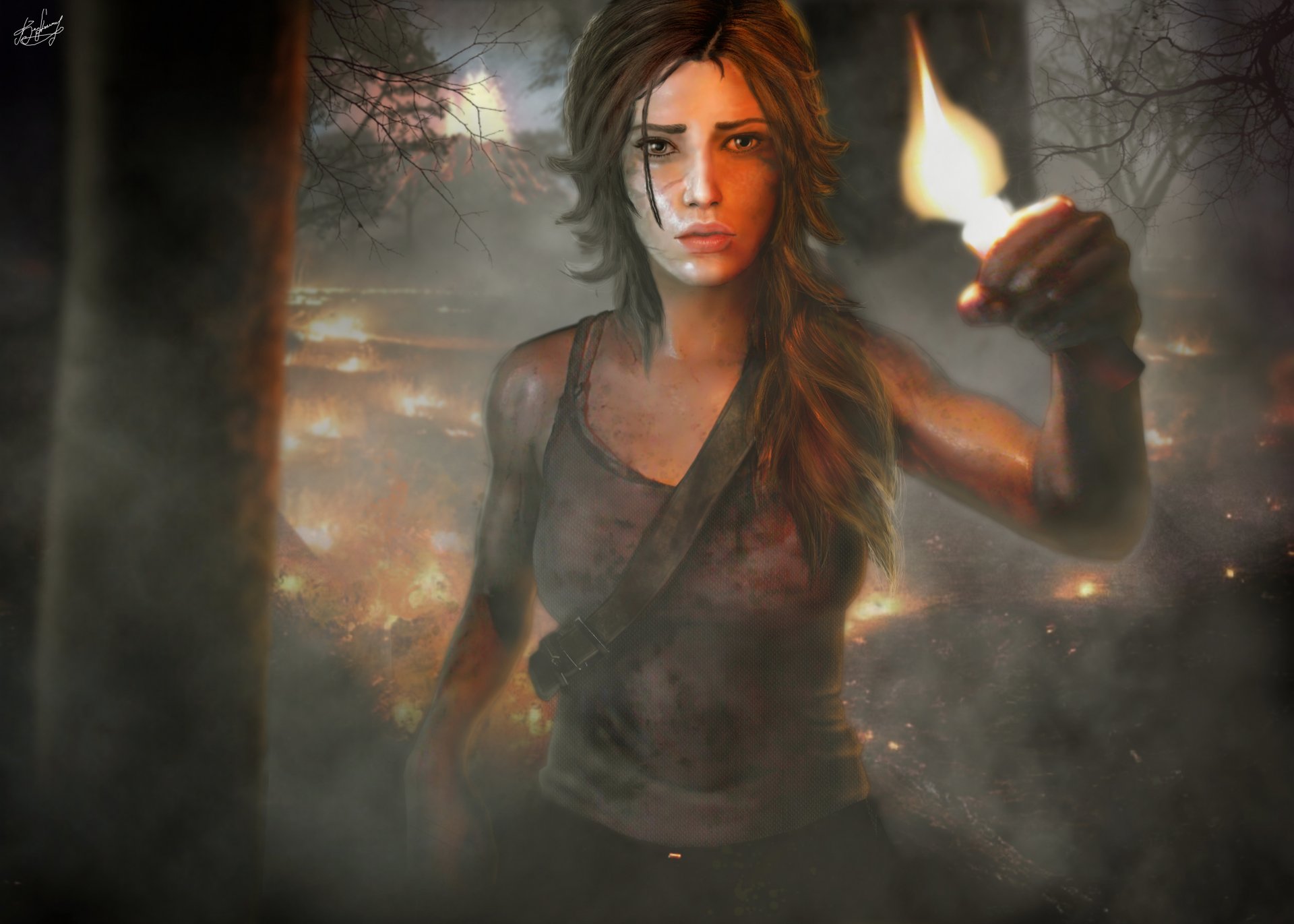 tomb raider mädchen grabräuber wald feuer