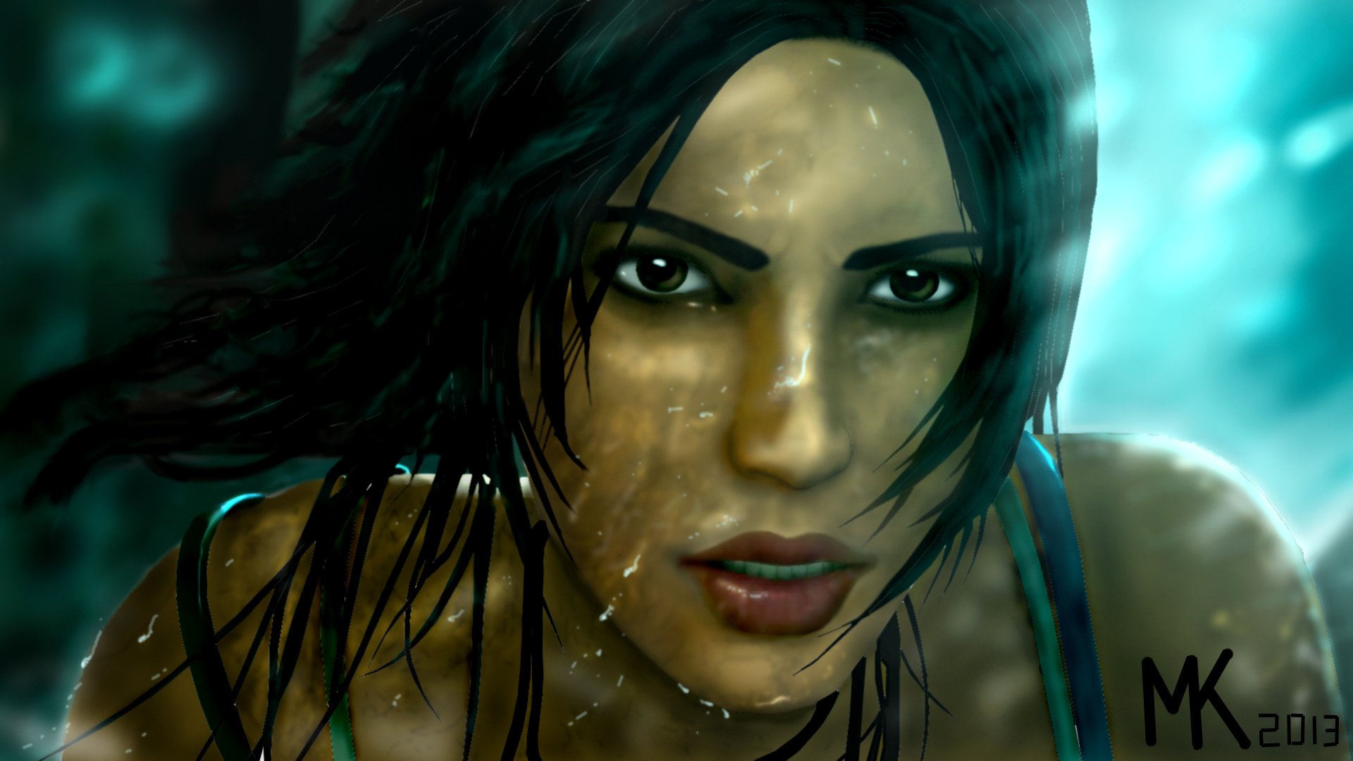 tomb raider lara croft game girl 2013 face view hair drops water spray