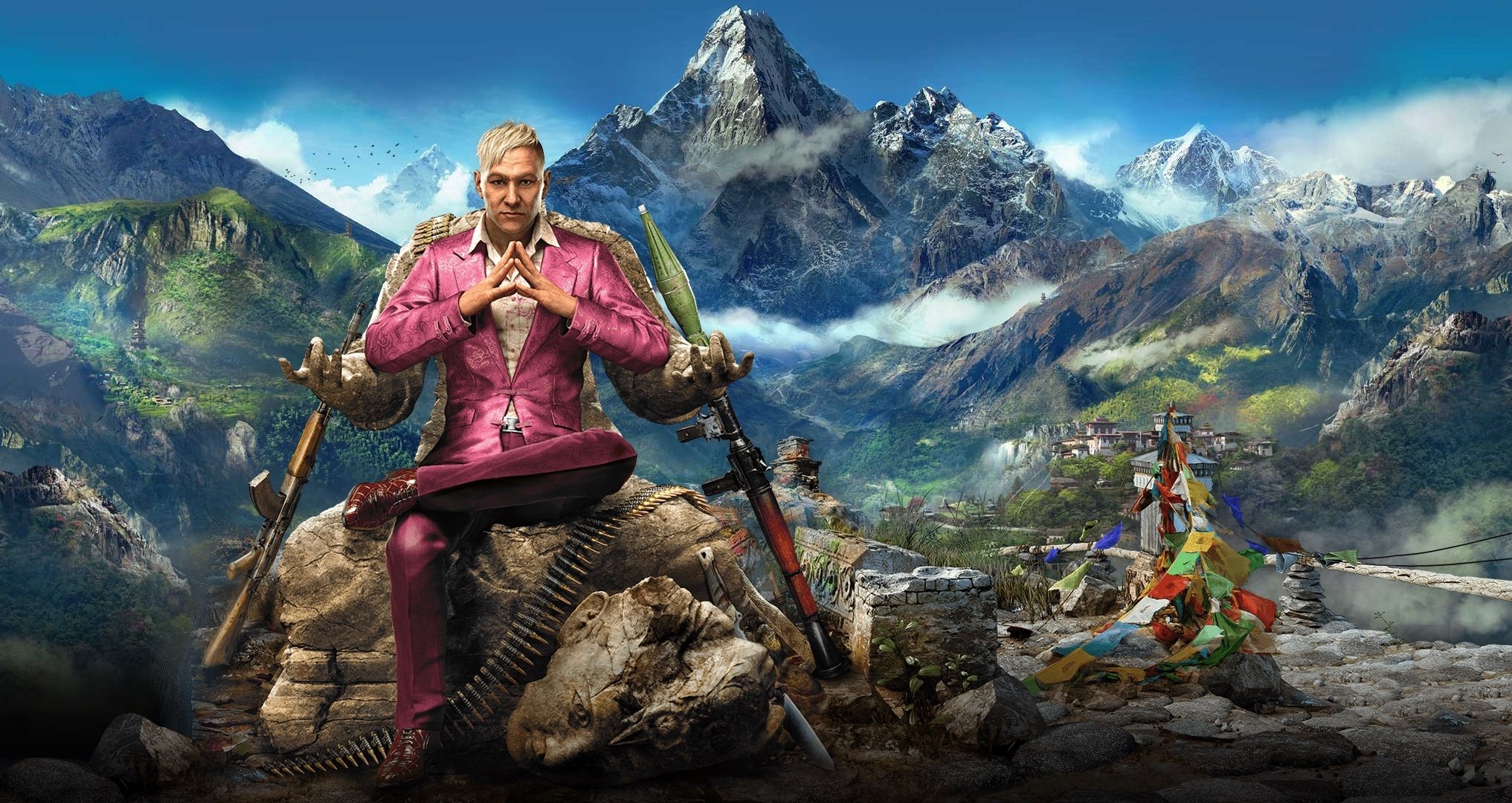 far cry 4 ubisoft broń niebo chmury góry śnieg widok kirat pagan ming kostium rpg statua