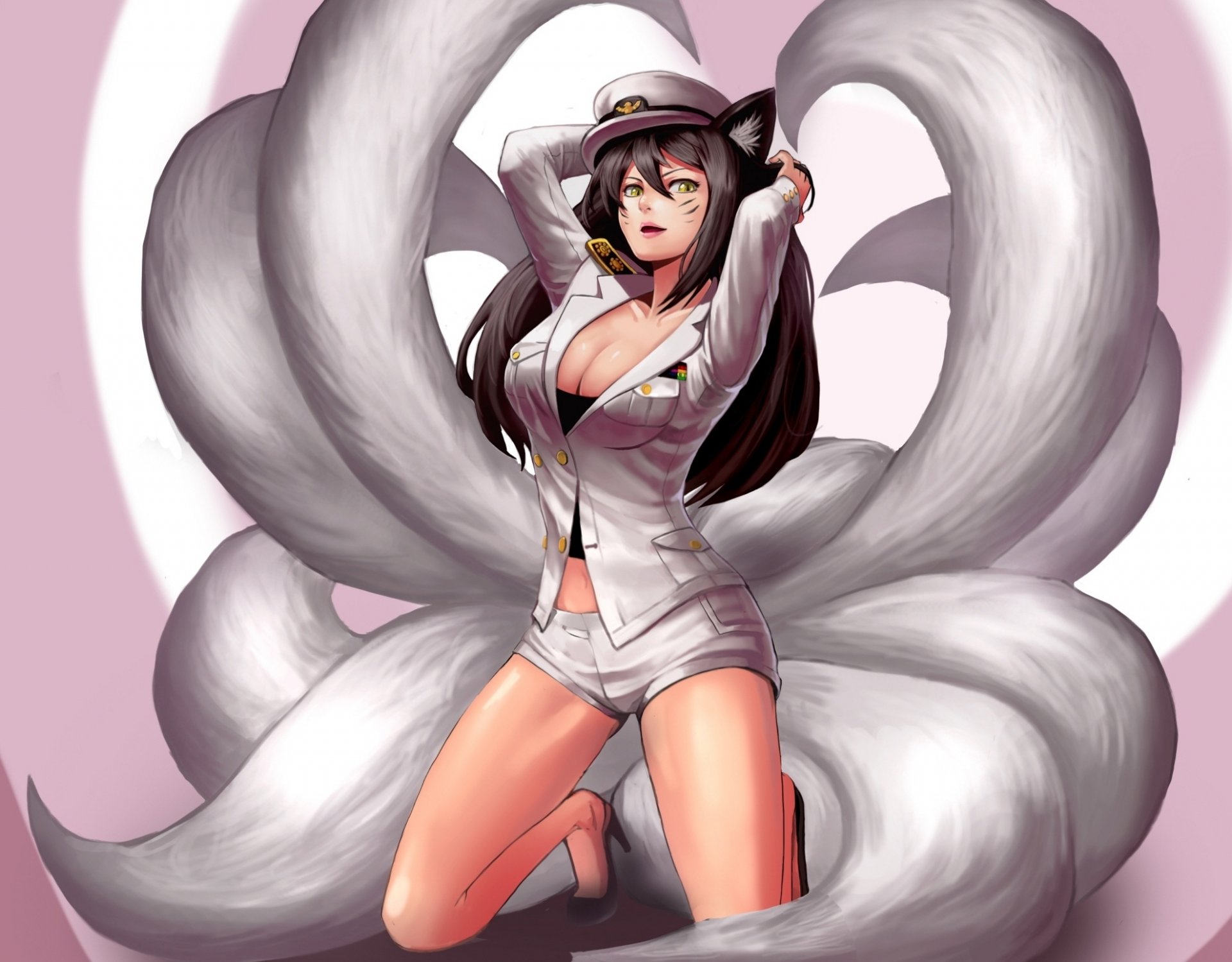 arte goomrrat ragazza ahri sguardo petto volpe orecchie code forma league of legends