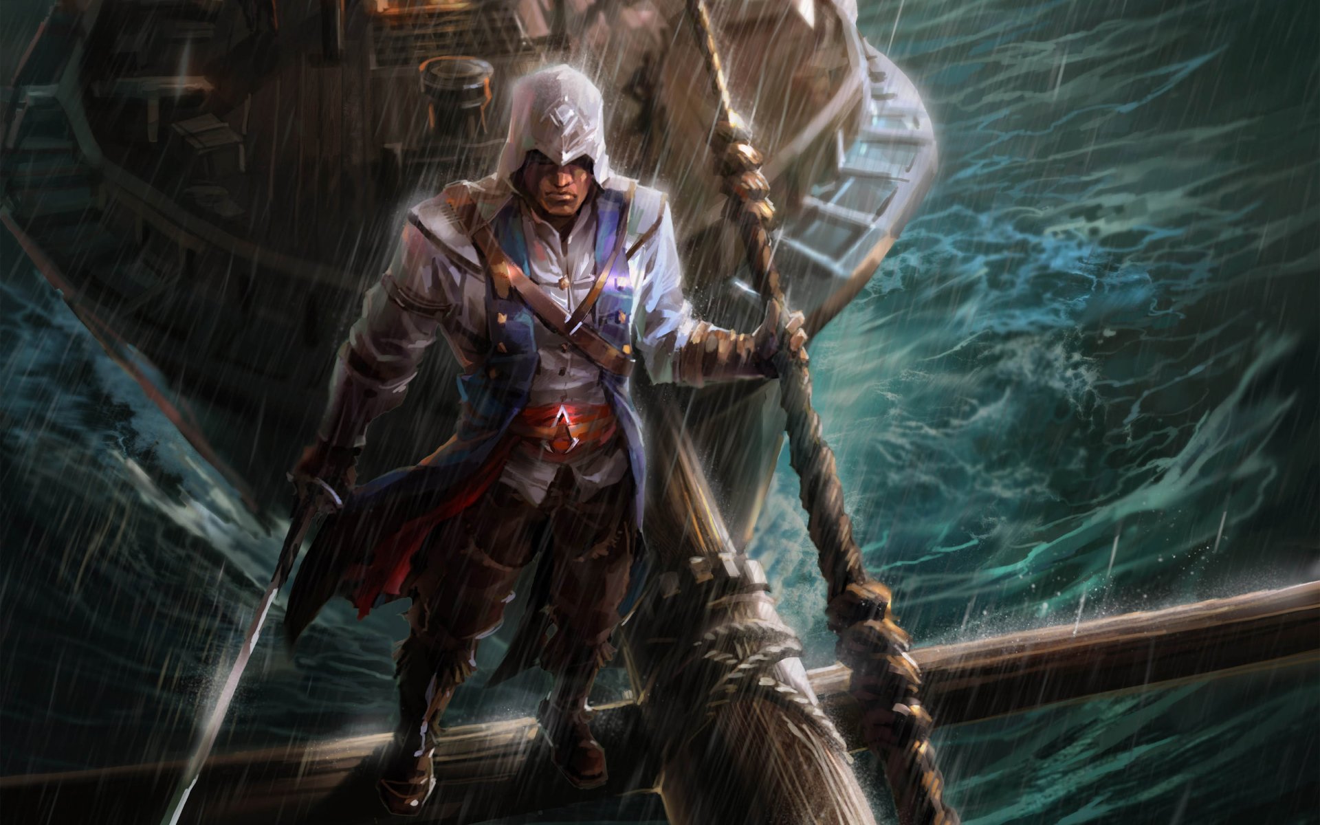 fan art assassins creed kerl schiff balken säbel regen kapuze