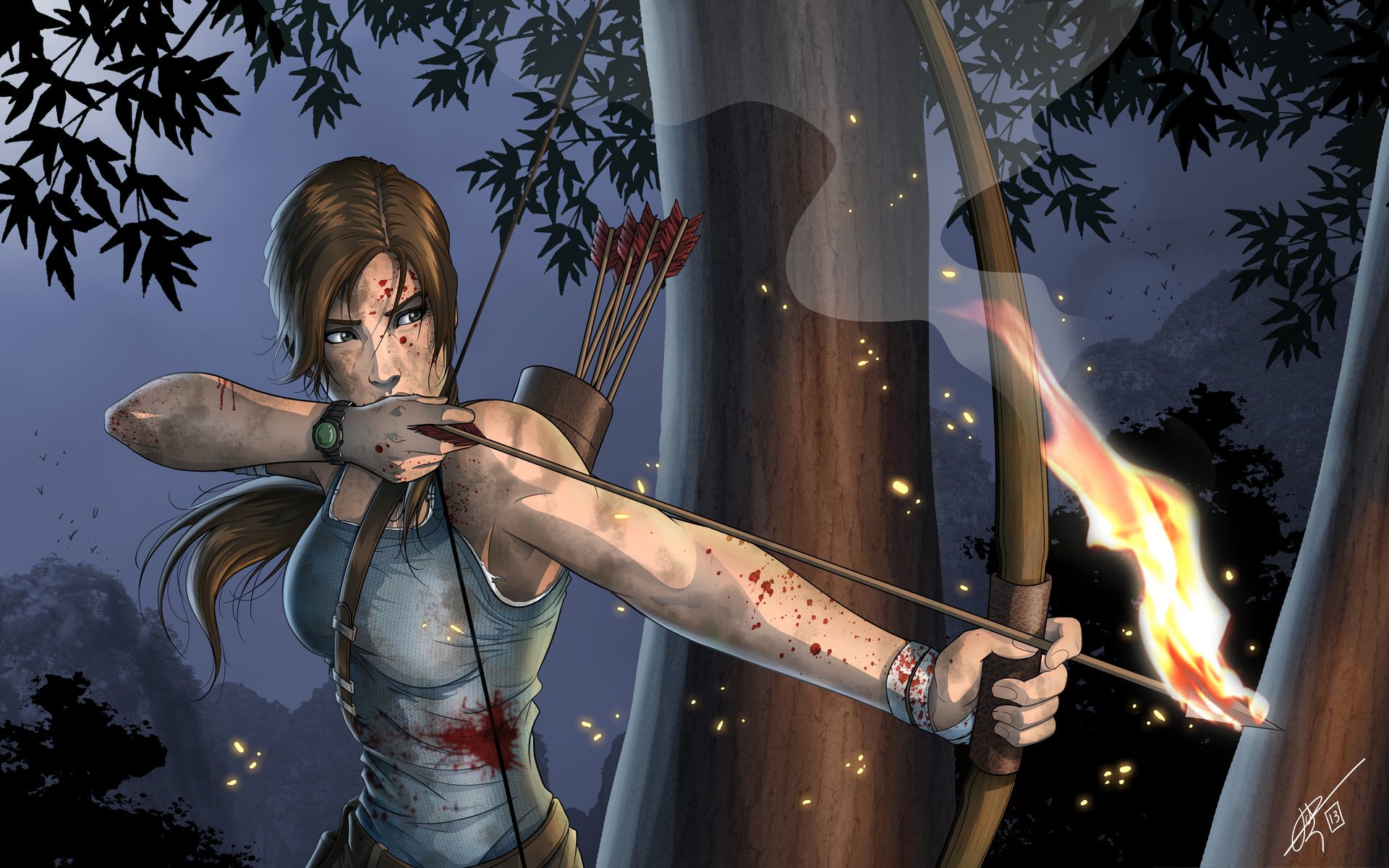 lara croft tomb raider sztuka broń łuk strzały ogień celuje twarz krew włosy kucyk koszulka