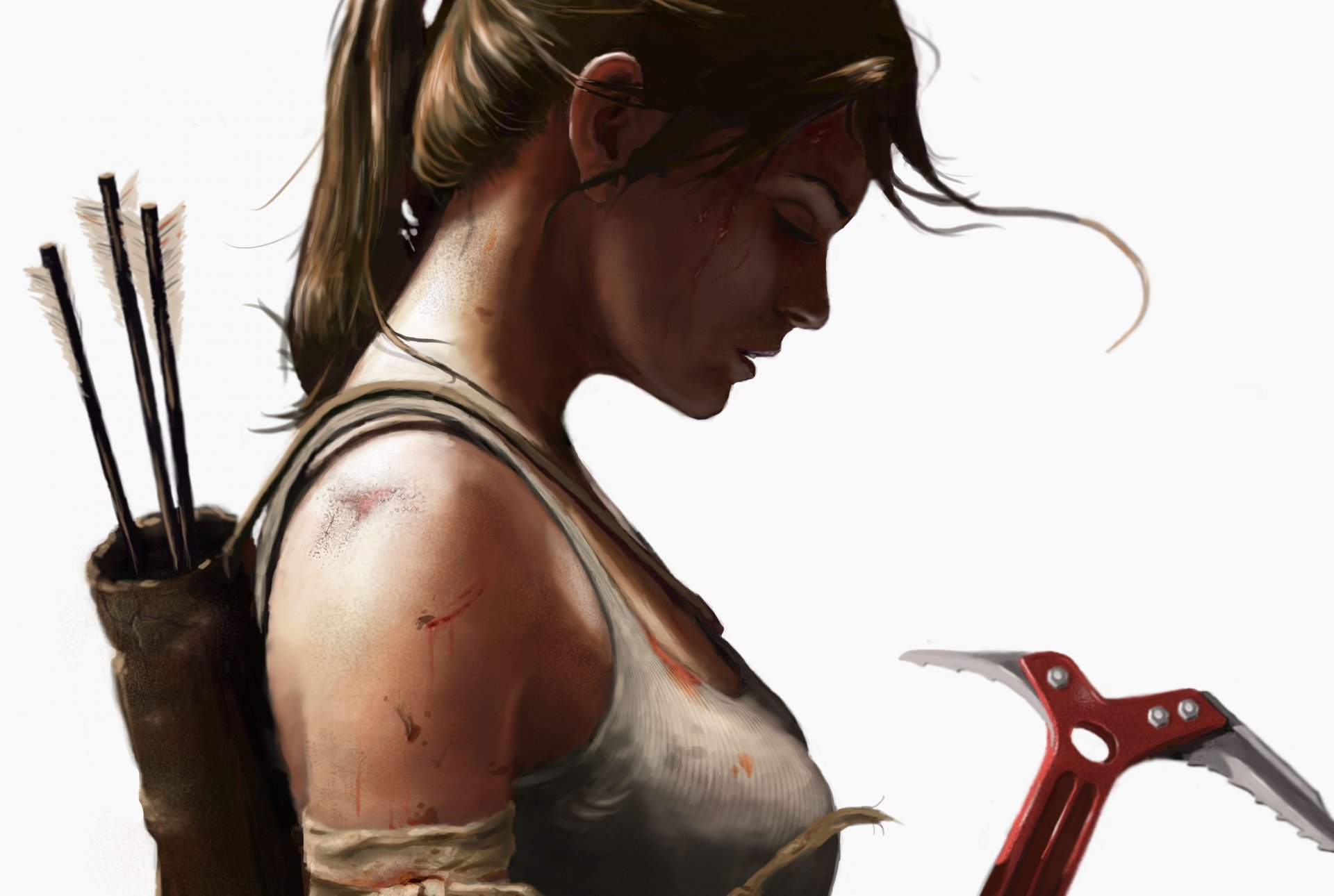 art tomb raider lara croft profil fille queue de cheval débardeur flèches fond blanc