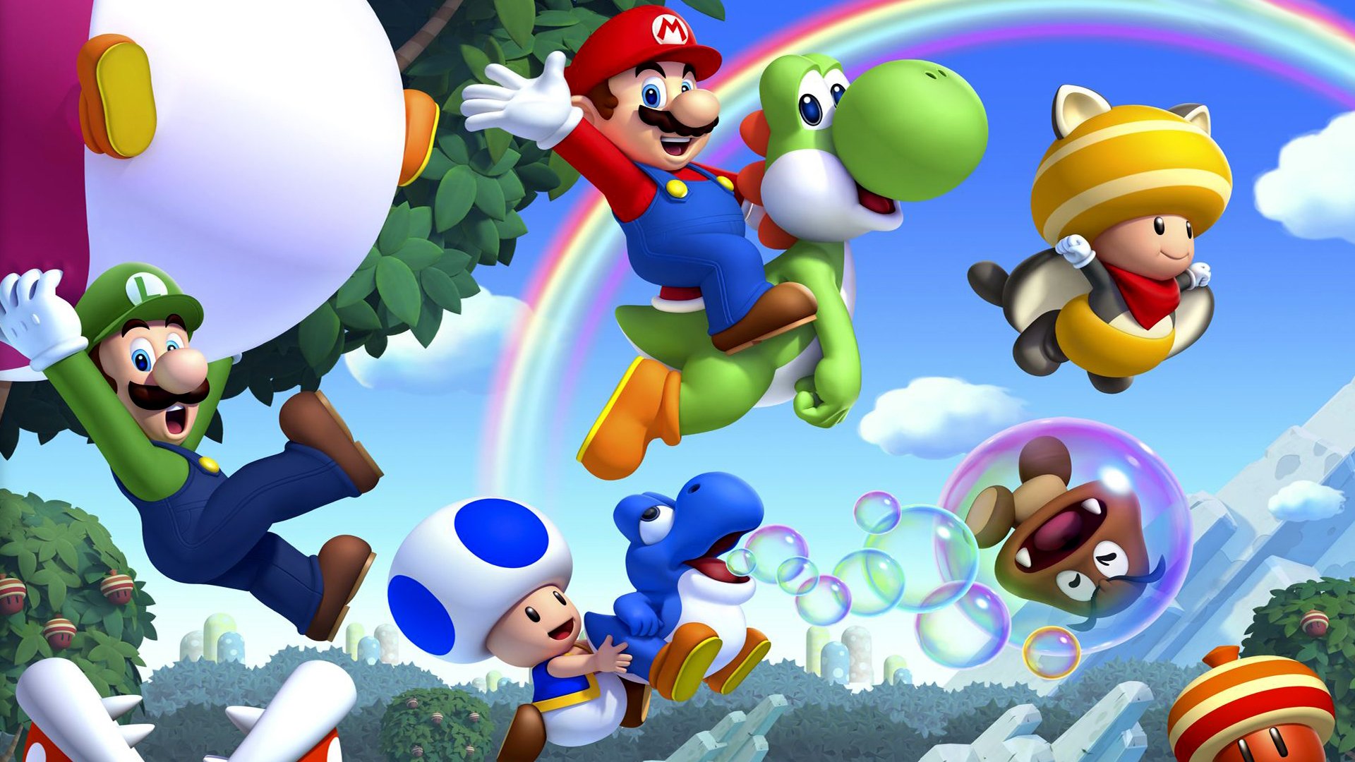 no super mario u mario nintendo wii u setas arco iris árboles hojas bulbash luigi