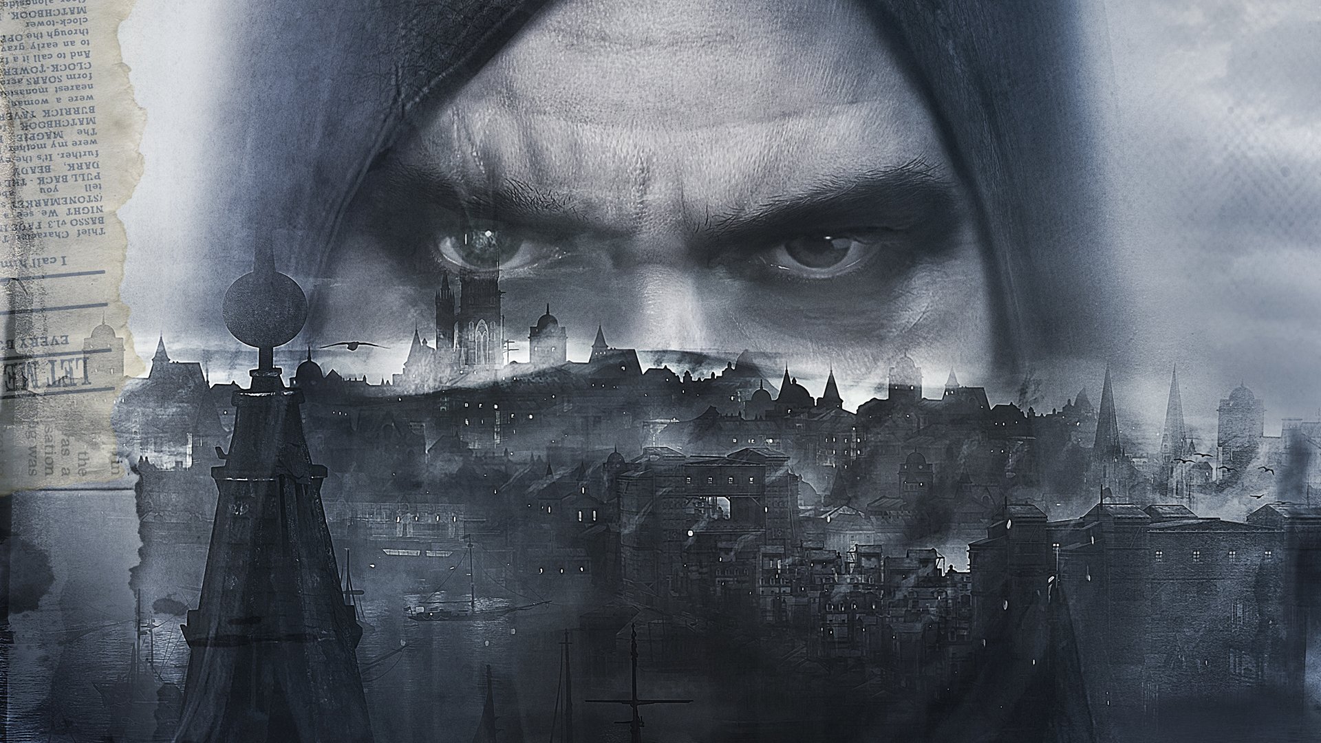 thief 2014 garrett garrett eyes gaze city houses tower bird hood eidos montreal eidos interactive