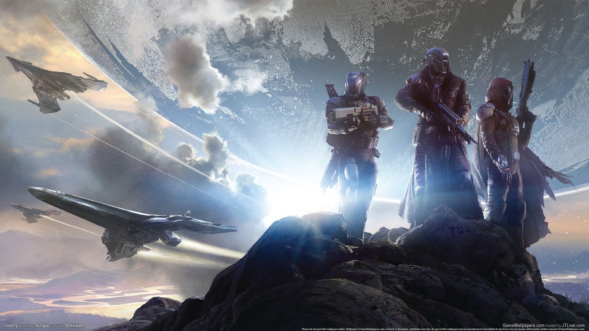 destiny warriors men planet spacecraft weapon stones armour clouds mountain hats bungie activision gamewallpaper