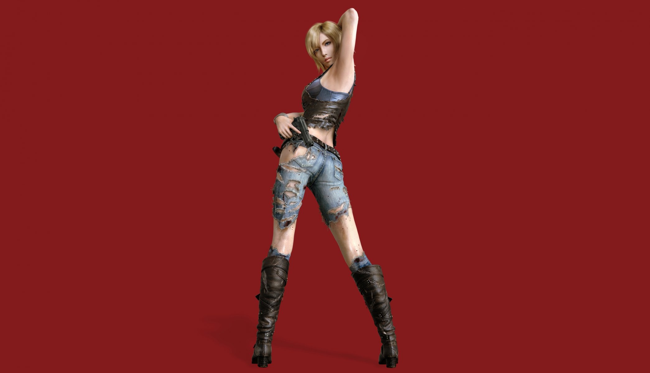 parasite eve 3 urodziny aya brea gra dziewczyna wygląd buty dżinsy. broń postawa czerwone tło