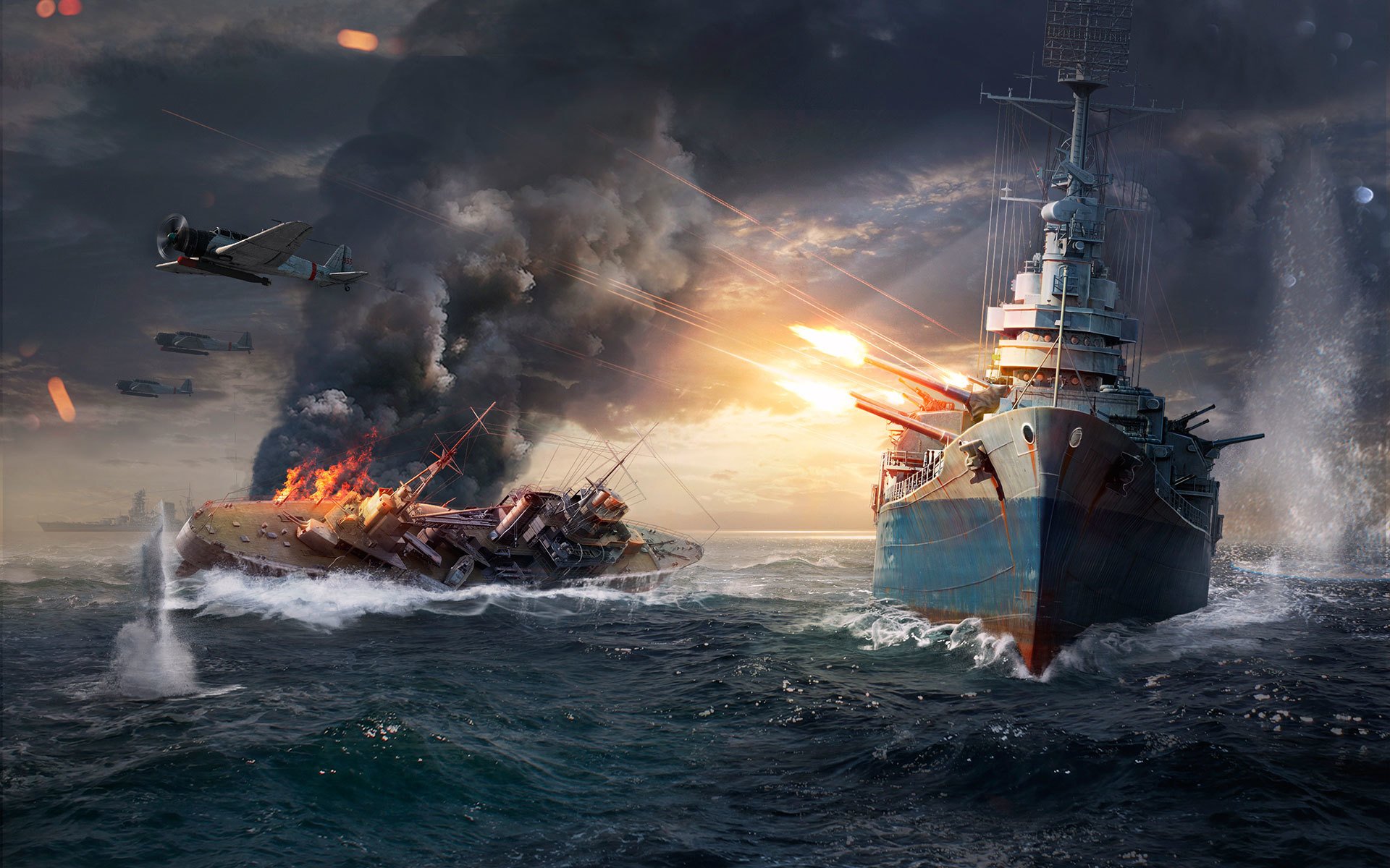 navires de guerre du monde wargaming net frappe navires du monde wp tir flamme feu fumée eau navires navire vagues ciel nuages baril fer étincelles avions