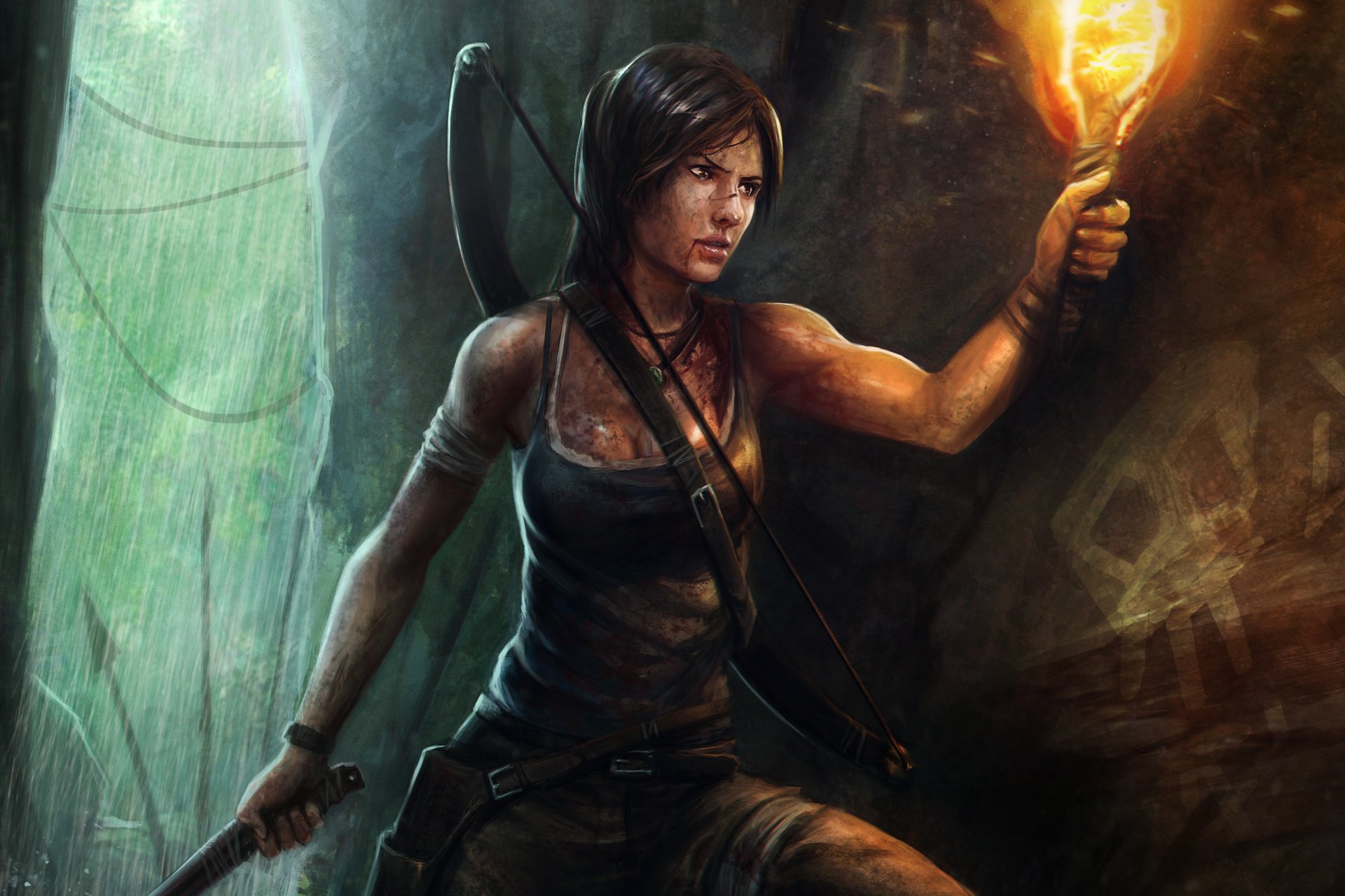 arte lara croft tomb raider ragazza torcia arco grotta acqua spruzzi