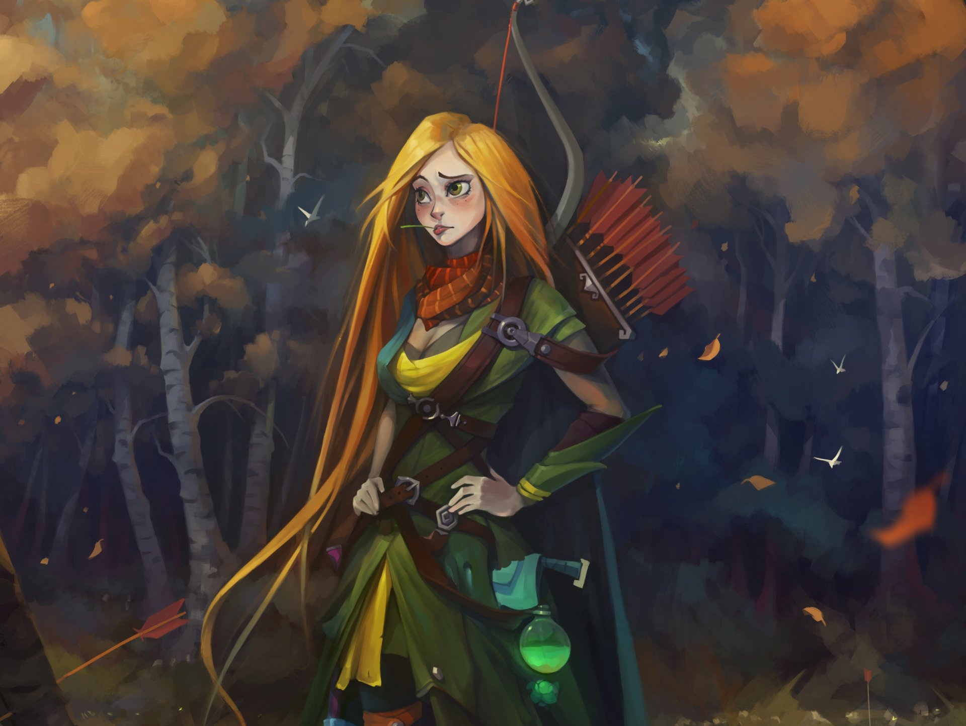 wald bogenschützin haare bogen pfeile mädchen kleid windflügel dota 2 fan art fanart