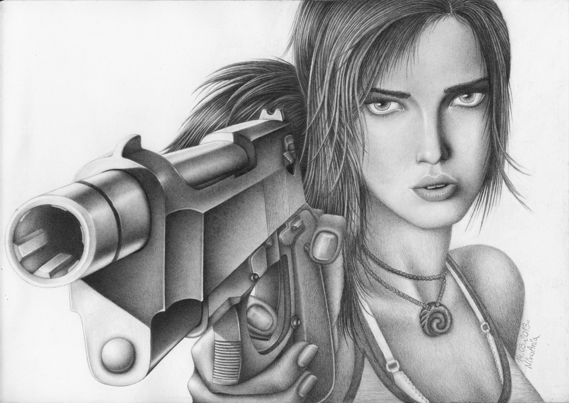 tomb raider lara croft sztuka rysunek ołówek twarz spojrzenie broń pistolet