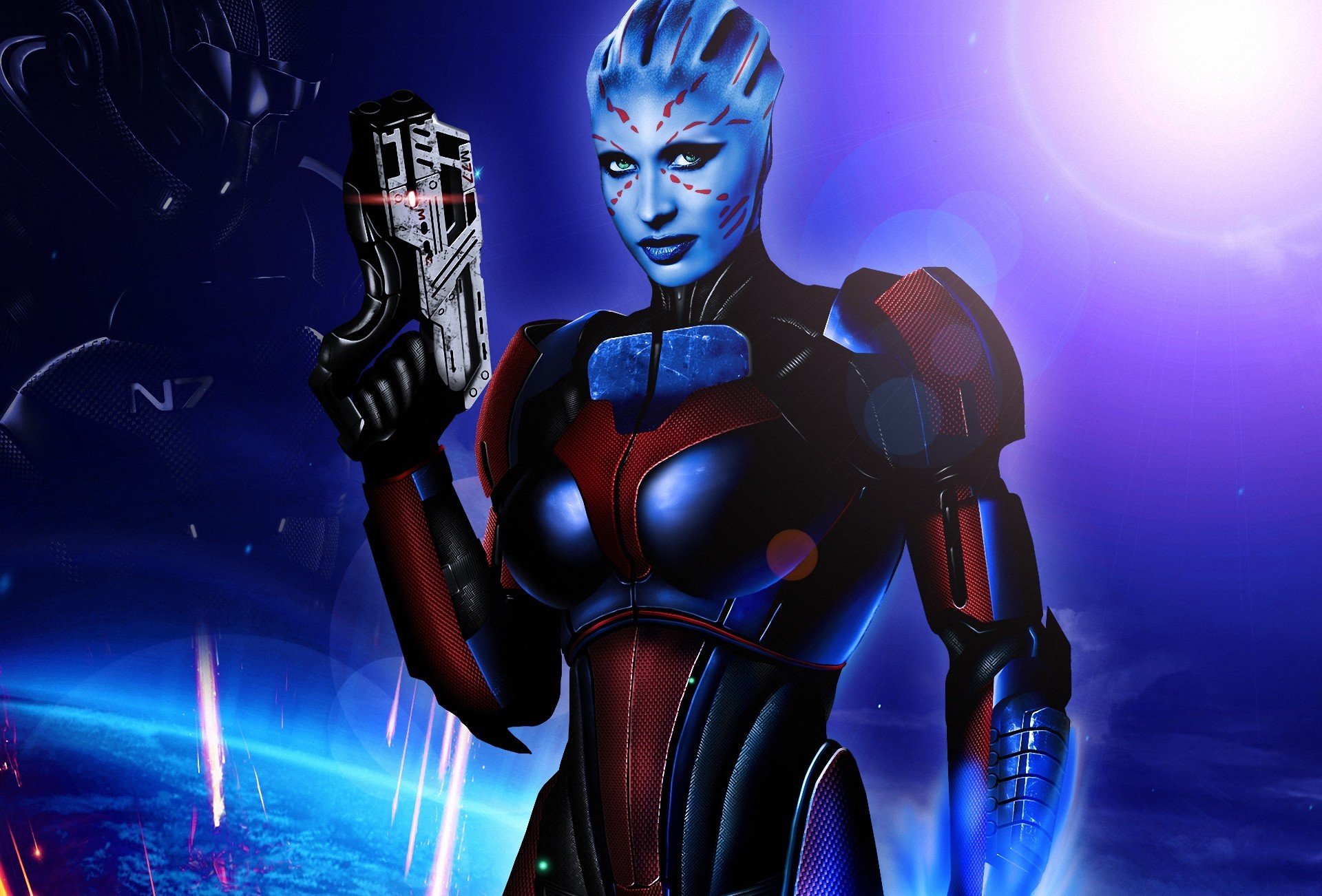 fan art mass effect azari mädchen waffen rüstung