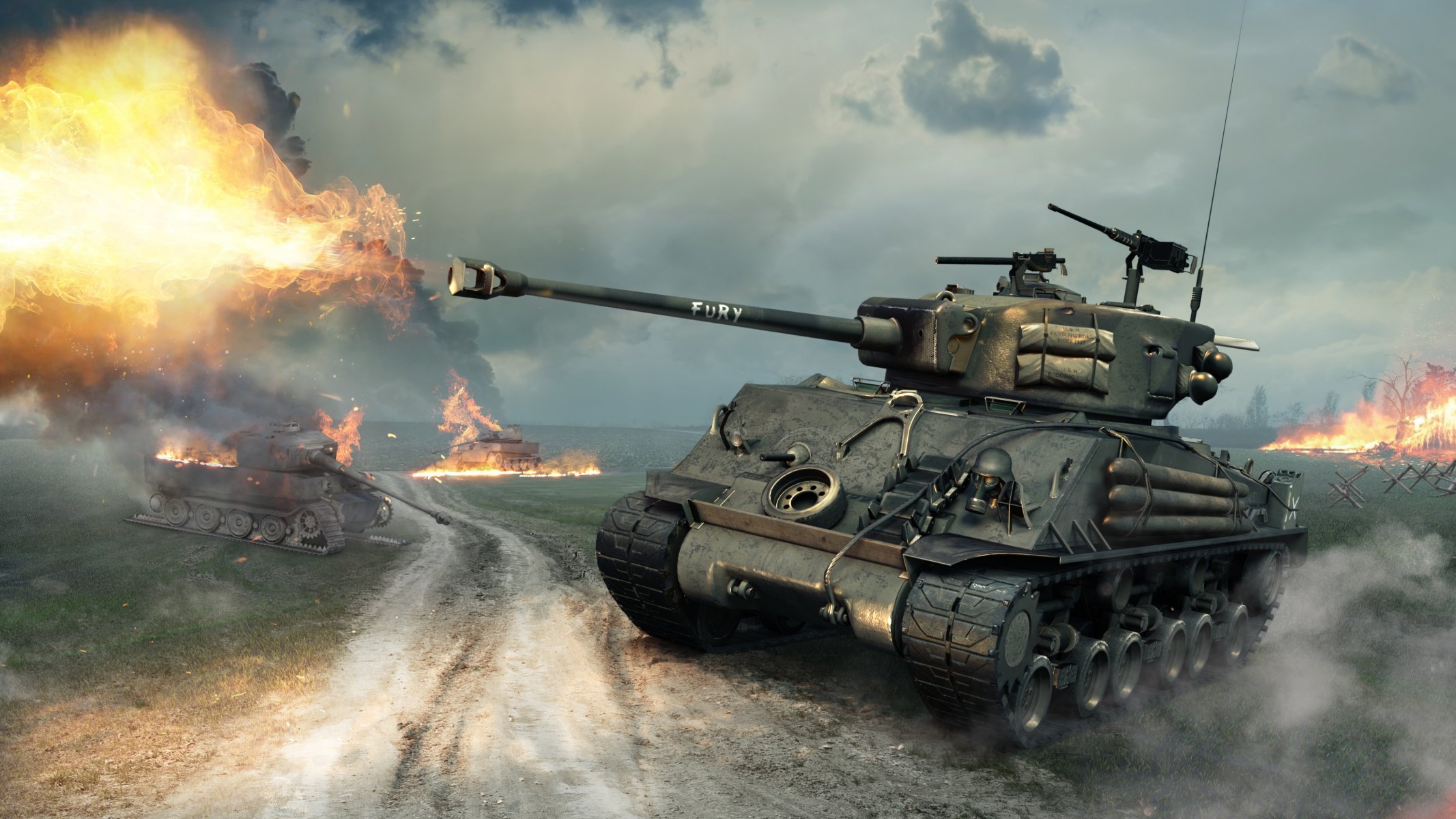 world of tanks world of tanks : xbox 360 edition world of tanks : blitz wargaming net wot wg ee.uu. tanque medio llama fuego tiro nubes cielo humo ardor hierro tronco árboles chispas furia sherman m4a3e8 sherman m4a3e8 sherman fury