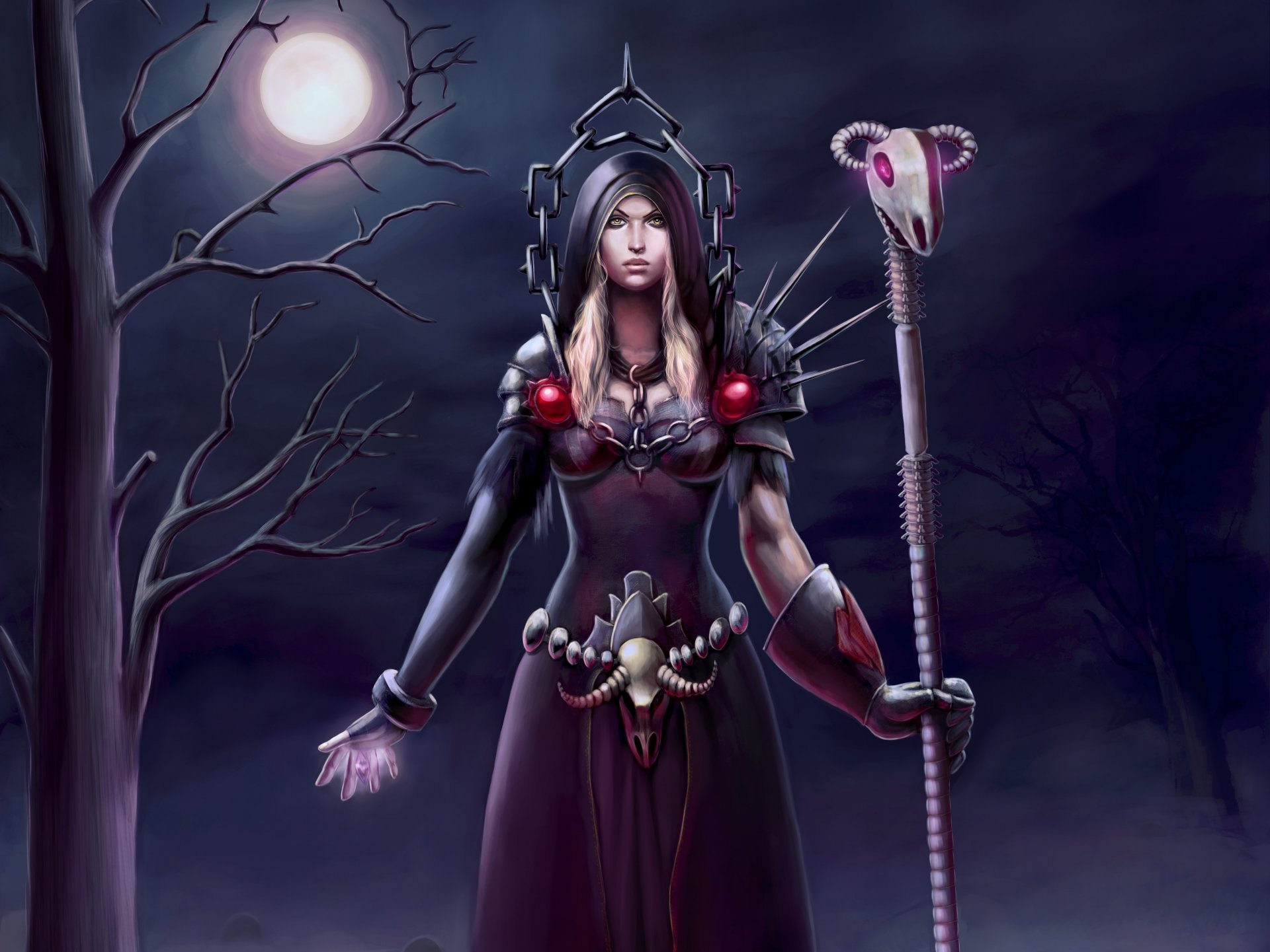 art world of warcraft warlock girl moon night staff tree