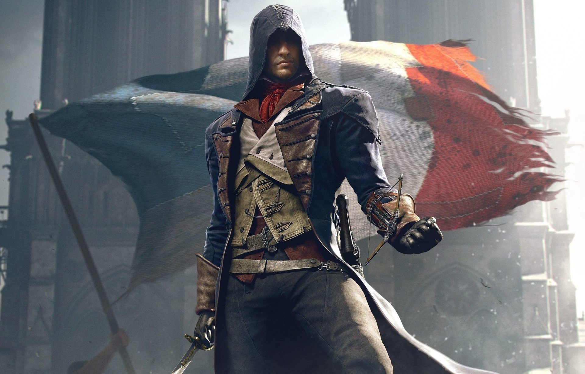 assassins creed: unity ubisoft assassins creed assassins creed: unity bandera arno capucha equipo luz armas vista catedral assassin s creed: unity