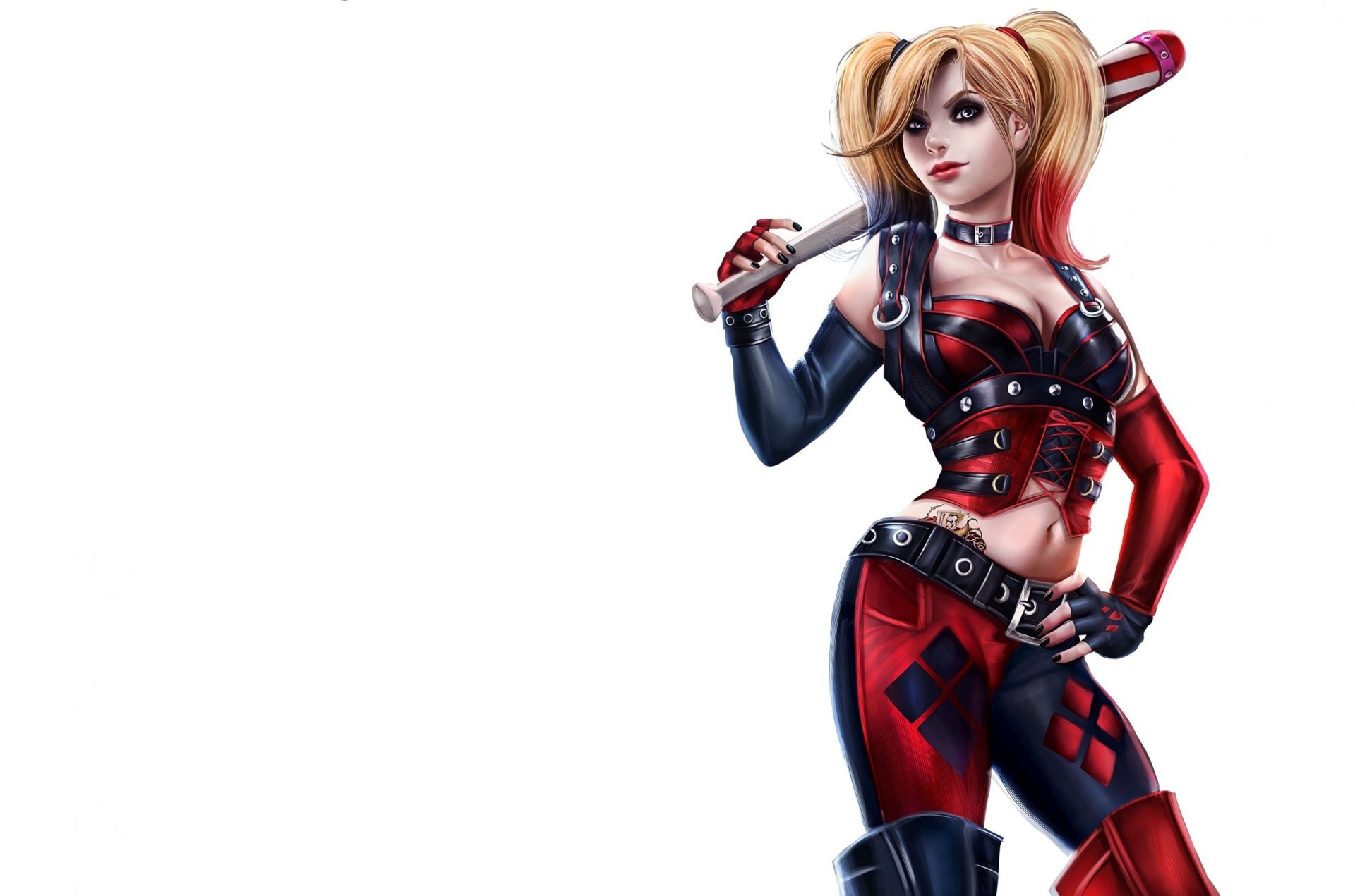 harley quinn arte mirada villana traje bate colas de caballo fondo