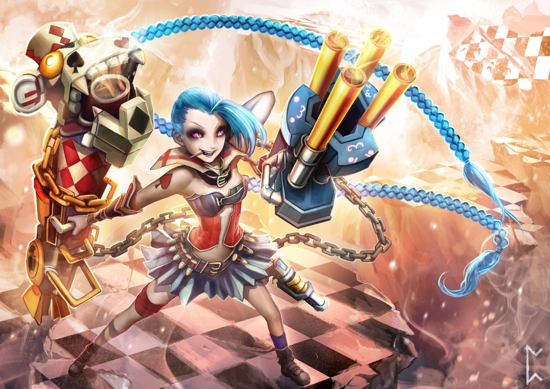 kunst gevura-studio mädchen jinx lächeln waffe magie league of legends