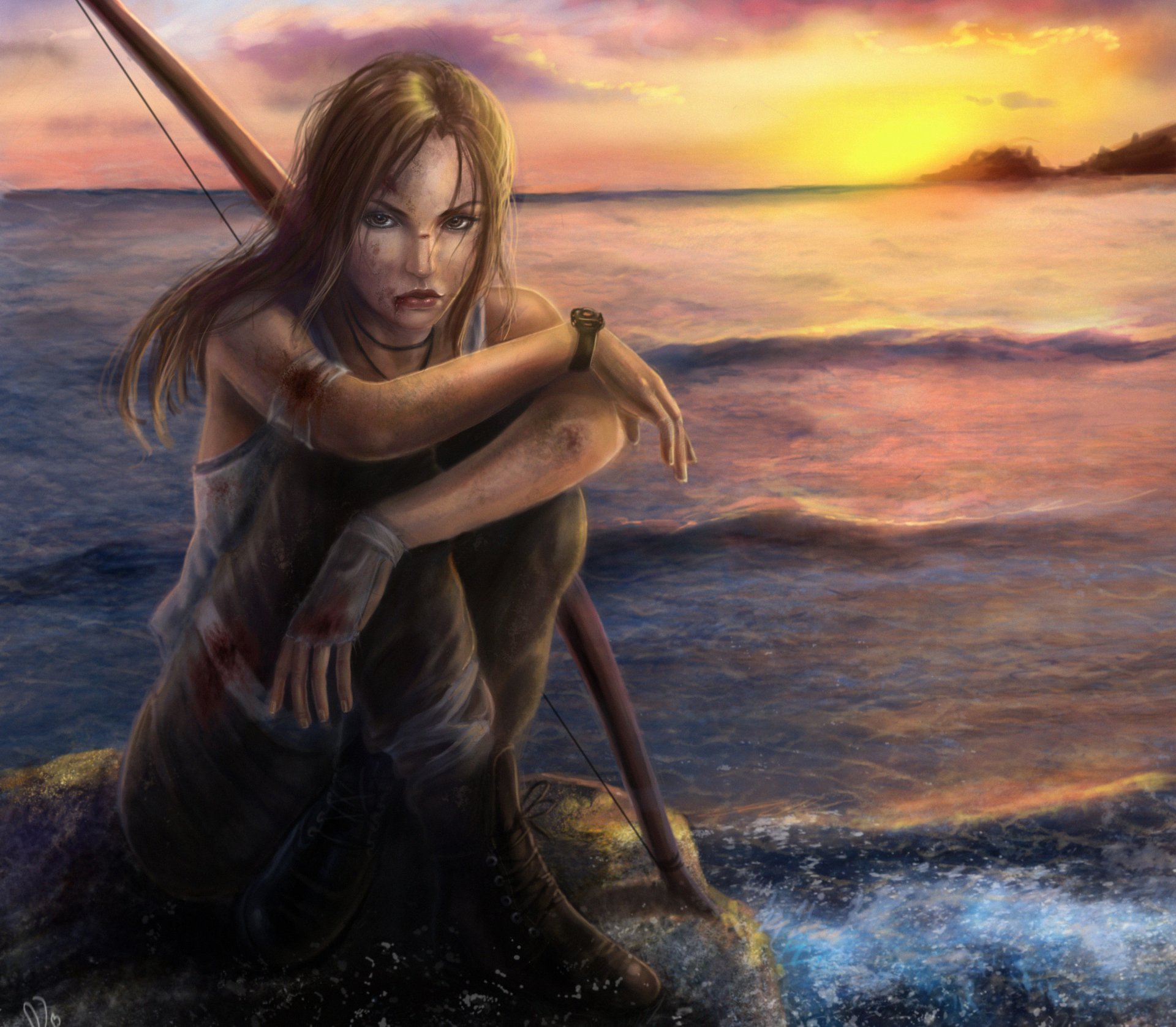 lara croft tomb raider jeu fille débardeur gants sang arme arc vue cheveux horloge assis pierre eau mer ciel coucher de soleil