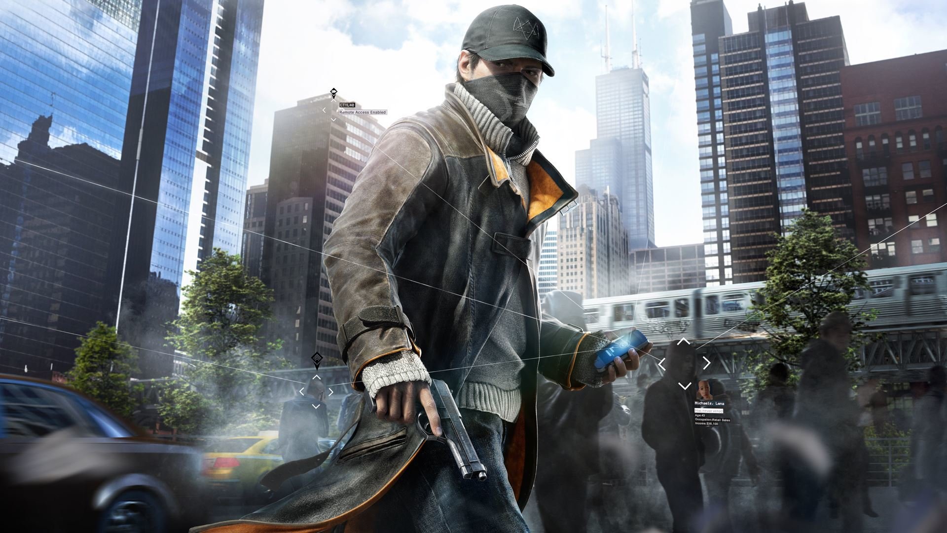 chiens de garde aiden pierce manteau chandail arme pistolet personnes téléphone casquette ville maisons chicago arbres ciel nuages wagon ubisoft