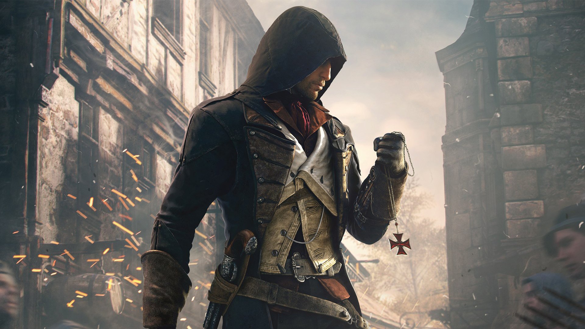 assassin s creed: jedność arnaud zabójca kaptur paryż znak pistolet okna domy ubisoft