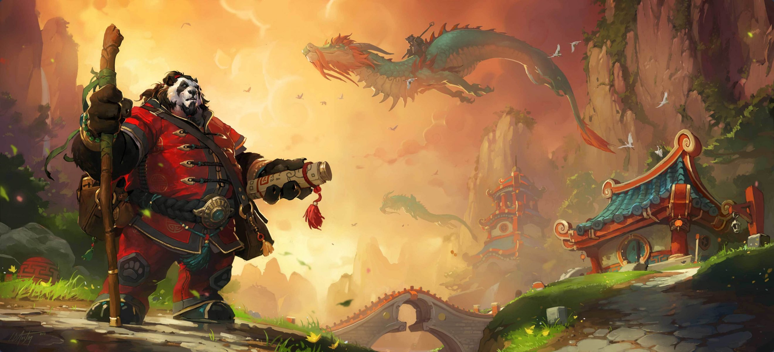 art world of warcraft mgły pandaria panda laska zwój smok azja