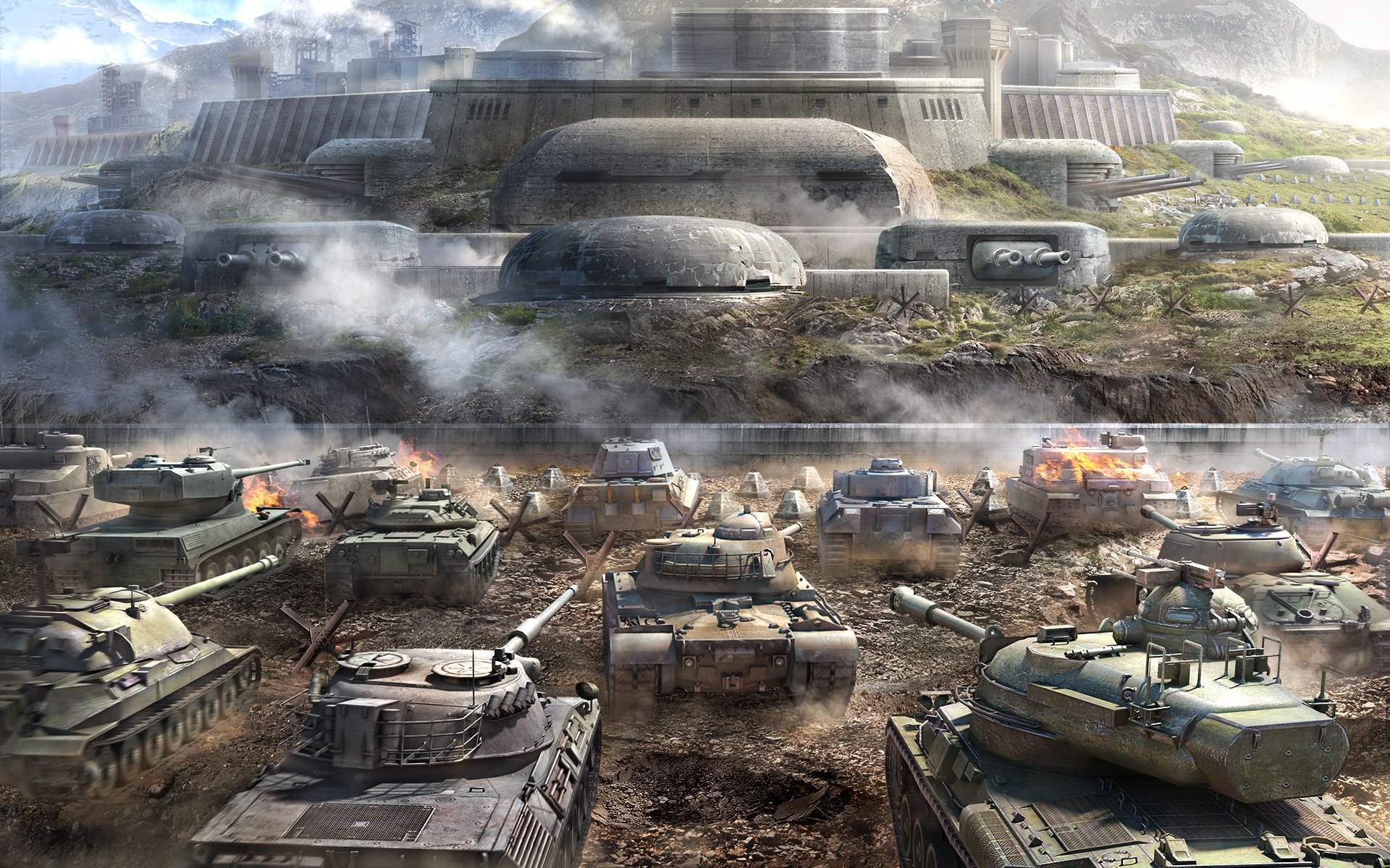 world of tanks wargaming net wot wg is-7 is-6 enter 61 stb-1 m48a1 patton tortuga amx 50 b leopard-1 tiger ii pz.kpfw fortificación humo polvo tanques montañas construcción