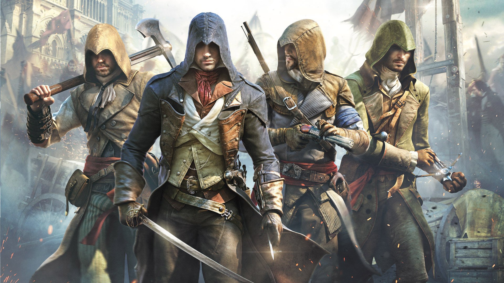 assassin s creed: jedność arno zabójcy kaptury partnerzy broń miecz topór pistolet ostrze kusza budynek uśmiech ubisoft