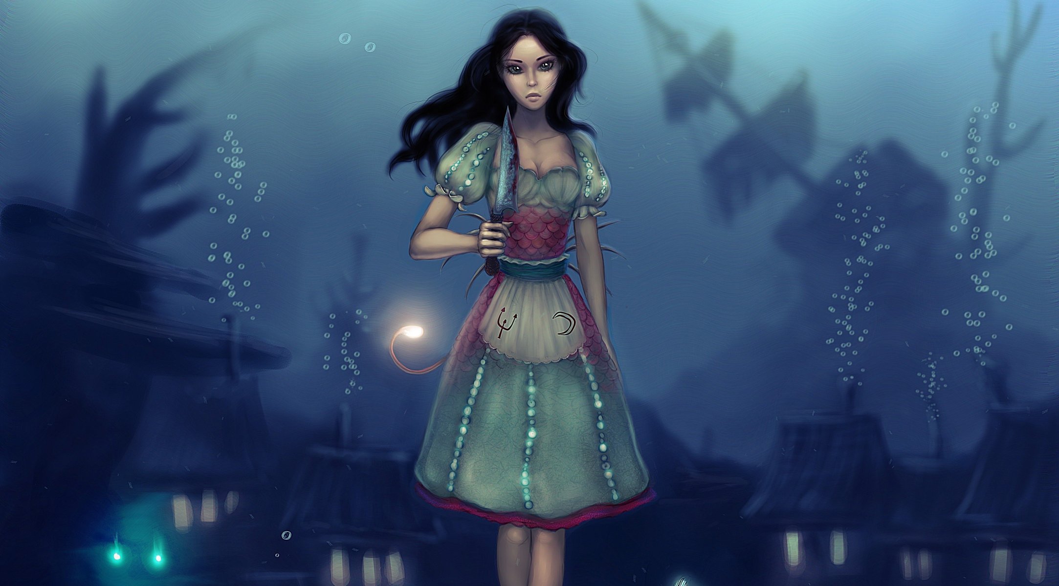 alice: madness returns alice juego arte cuchillo sangre vestido bajo el agua burbujas