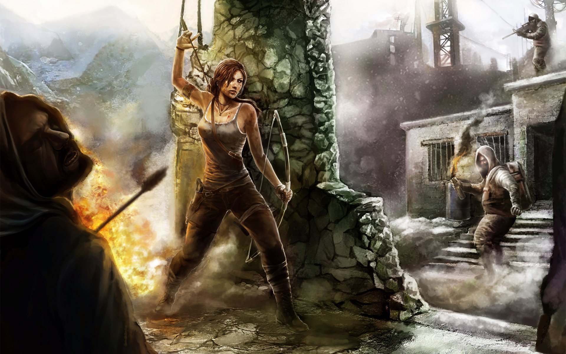 arte tomb raider chica columna batalla flechas fuego