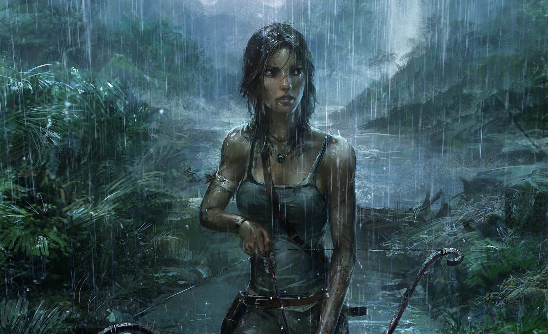 arte tomb raider lara croft ragazza arco pioggia giungla