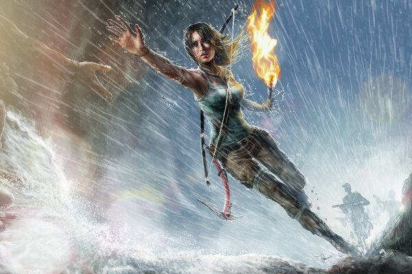 Lara Croft COURT avec une TORCHE au MILIEU de la PLUIE