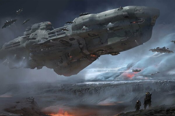 A fantastic dreadnought lands on a planet