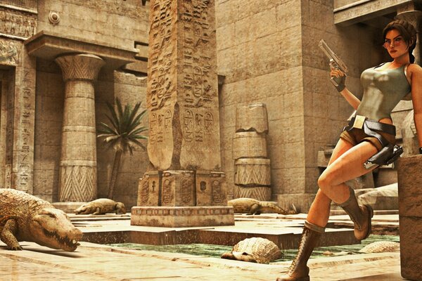 Lara Croft on the background of Egyptian buildings