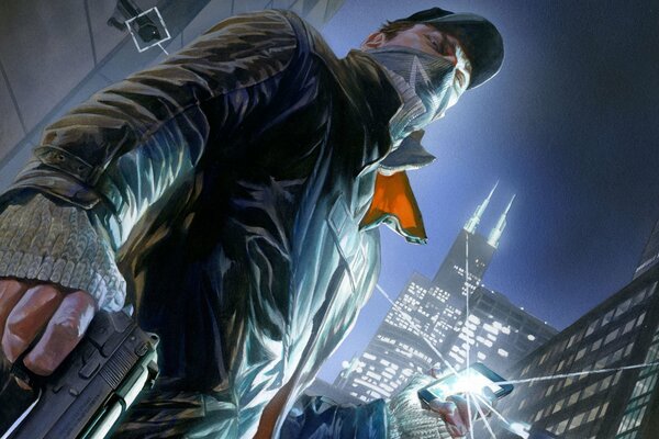 Aiden Pierce de Watch Dogs avec un pistolet et un téléphone