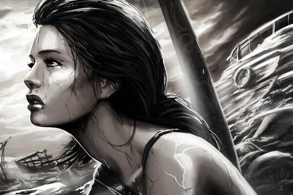 Profilfoto von Lara croft Tomb raider Schiff im Meer in schwarz-weißem Hintergrund