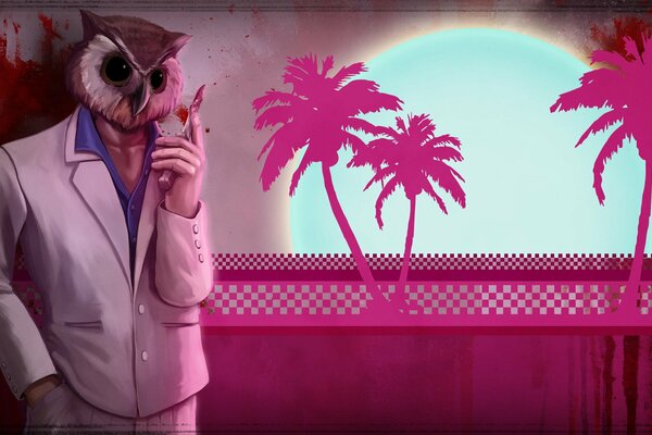 An owl from hotline Miami stands against a background of palm trees