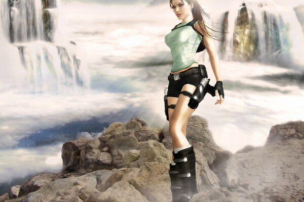 Lara Croft sullo sfondo di diverse bellissime cascate