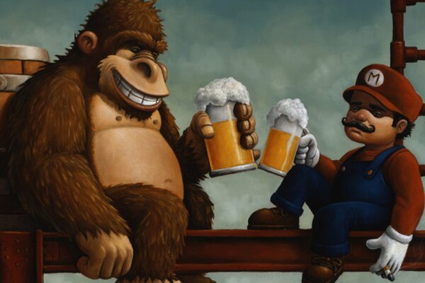 Donkey Kong and mario barrel beer drinking