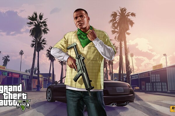 Personaggio del gioco GTA sullo sfondo della posizione del gioco