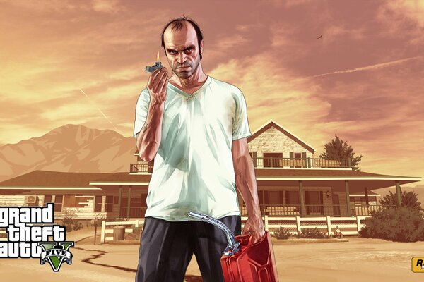 Trevor Philips z puszką benzyny i zapalniczką