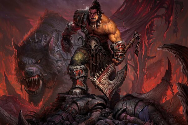 Un orc de warcraft avec une hache et un loup