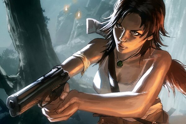 Lara Croft con una pistola en una cueva abandonada