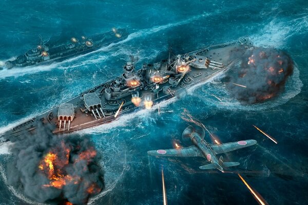 Bataille dans la mer des navires de guerre. Scène d un jeu d ordinateur de la société privée Wargaming